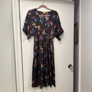 Catherine Melandrino v neck silk Floral Black Midi Dress